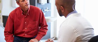 patient discussing gamma knife surgery options