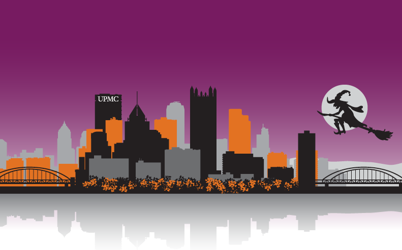 halloween graphic of pittsburgh skyline with UPMC building